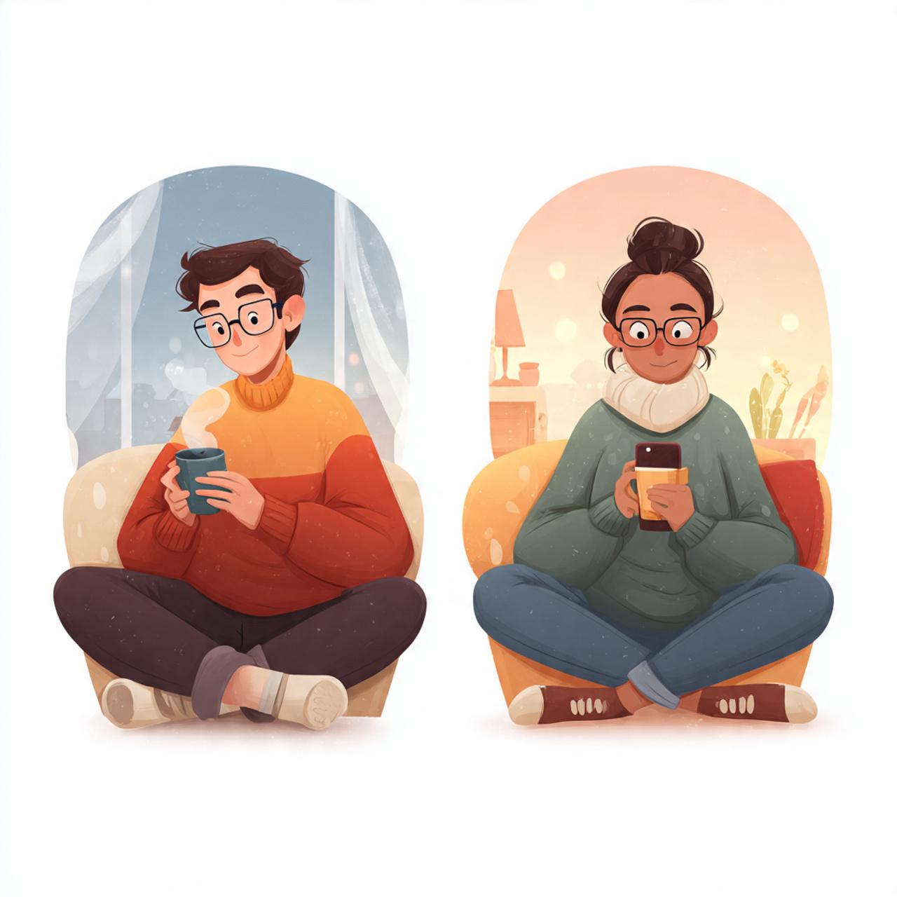 Introvert comfortably using dating app in a cozy, calm environment